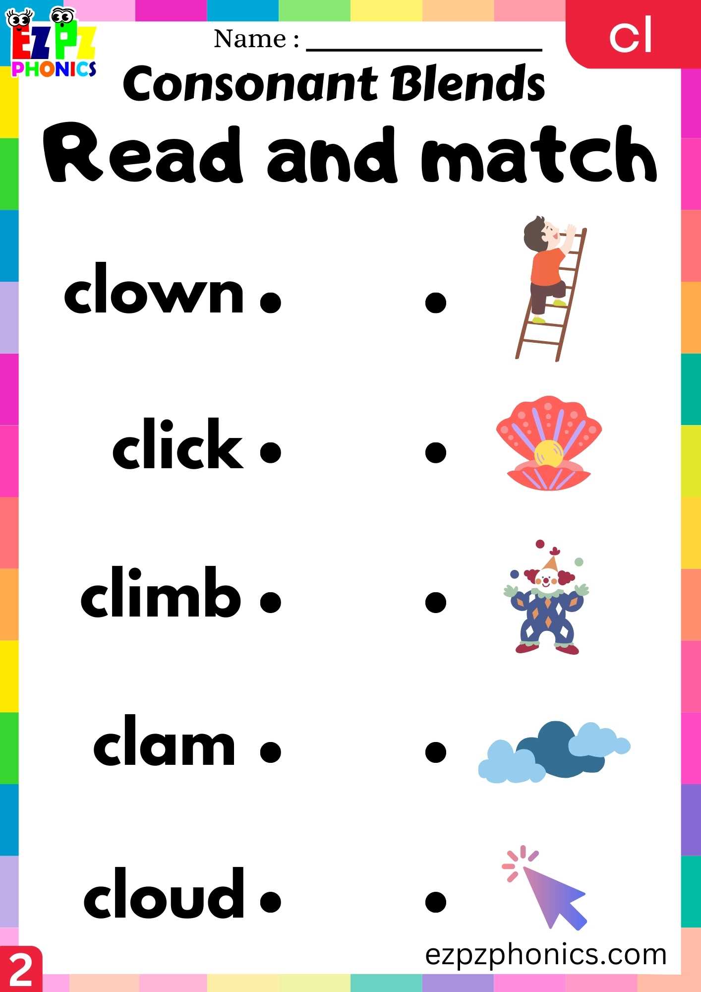Group2 CL Words Read And Match Phonics Consonant Blends Worksheet